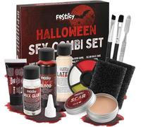 Festicy Kit Halloween Maquillage SFX Complet avec Faux Sang, Latex, Cire Maquillage et Accessoires I Sang halloween pour peau et vêtements I Fx effets spéciaux réalistes
