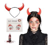 Festicy Serre Tête Diable Rouge Halloween - Cornes Rouges avec 25 ml de Faux Sang et Stickers Visage - Serre Tête Halloween Femme et Enfant pour Look Démoniaque & Effrayant