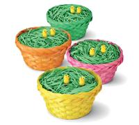 Festicy Set de 4 Panier en osier 19x10cm I Herbe de Paques verte 100g et 8 poussins I Panier de Paques enfant pour chasse aux oeufs I Decoration table