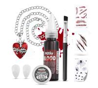 Festicy Vampire Accessoire Set 2025 I Faux Sang Halloween, Dent de Vampire, Tatouages, Peinture Blanche avec Pinceau et Collier en Forme de cœur I Decoration Halloween, Costume Halloween