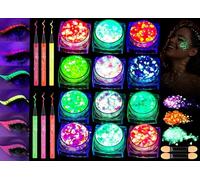 Festival Paillettes Visage, 12 Couleurs Fluorescentes Chunky Sequin et 6 Eyeliner pour le visage, Body Glitter Festival Accessoires Gadget Cheveux Paillettes pour le Visage Carnaval Paillettes pour le