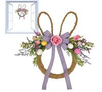 Festive Bunny Ornament, Spring Holiday Wreath, 16x14 Inches Front Door Decor with Flowers, Vibrant Floral Garland, Rabbit Shaped Hanger with Colorful Bow, Seasonal Wall Decoration for Window & Porch
