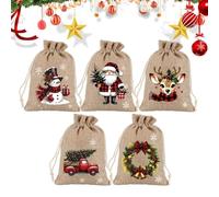 Festive Burlap Gift Bags - 5 Pack Reusable Thick Drawstring Sacks, | Festive Jute Pouches, Holiday Favor Bags | Small Hessian Drawstring Sacks for Home Office School Church Party Classroom