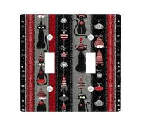 Festive Cat - Plaques d'interrupteur/couvercles de prise, motif vacances noir et rouge pour décoration murale, plaques murales en thermoplastique, taille standard, double bascule
