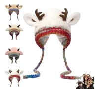 Festive Christmas Antler Hat,Winter Warm Fuzzy Horns Sheep Beanie,Windproof Foldable Cute Deer Knitted Cap with Ears (Beige)