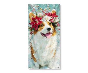 Festive Corgi Couverture de porte décorative Motif chien avec fleurs royales Décoration d'intérieur et d'extérieur Toile de fond de Noël 91,4 x 183 cm