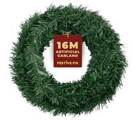 Festive Fix Guirlande de Noël - 16 m réaliste - Guirlande de Noël Verte Non éclairée pour décoration d'escaliers, cheminées, Portes et fenêtres - Guirlande de Vacances Flexible et Durable pour