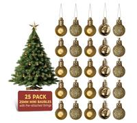 Festive Fix Lot de 25 Mini Boules de Noël Incassables Dorées - Décoration Brillante, Mate et Pailletée à Suspendre - Décorations Légères et Durables pour Arbres, Maison, Fêtes
