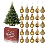 Festive Fix Lot de 25 Mini Boules de Noël Incassables Dorées - Décoration Brillante, Mate et Pailletée à Suspendre - Décorations Légères et Durables pour Arbres, Maison, Fêtes