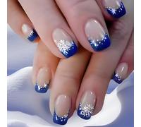 Festive Flocon de neige court carré à presser sur ongles blancs et bleus brillants pour femme manucure décoration hiver Noël