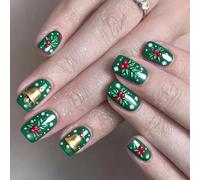 Festive Holiday Lot de 24 faux ongles en ABS non toxiques avec flocons de neige et clochettes vertes et cerises