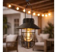 Festive Lights Lanterne solaire à suspendre de 21 cm avec LED effet filament blanc chaud - Aspect métal rustique antique, certifié IP44, éclairage de jardin décoratif extérieur - Panneau intégré