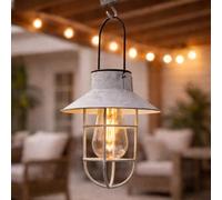 Festive Lights Lanterne solaire à suspendre de 21 cm avec LED effet filament blanc chaud - Aspect métal rustique antique, certifié IP44, éclairage de jardin décoratif extérieur (1, Gris)