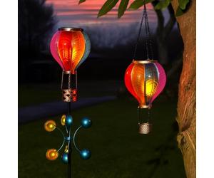 Festive Lights Lanterne solaire à suspendre en forme de montgolfière arc-en-ciel de 45 cm et lampe sur piquet de 1,15 m - 32 LED, scintillement et lueur statique, résistante aux intempéries - IP44