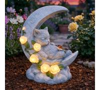 Festive Lights Statue Solaire Commémorative pour Chats ou Chiens - Croix et Cœur Lumineux // Animal Ailé - Mémorial - Éclairage LED Blanc Chaud Waterproof 21cm (Chat et Lune)