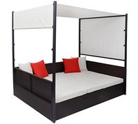 Festnight Bain de Soleil Double Lit avec Baldaquin en Rotin Synthétique Marron