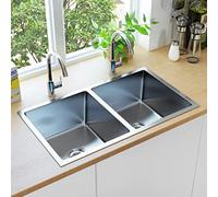 Festnight Evier Cuisine, Évier en INOX,Evier Cuisine 2 Bacs,Evier Cuve Double,avec Crépine Evier Encastré Evier Rectangulaire -76 x 44 x 20 cm (Deux éviers) -Argent