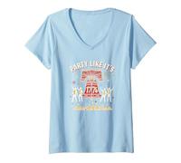 Fête comme si c'était T-Shirt avec Col en V, Femme, Bleu Céleste, XL