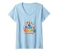 Fête de Joyeux Anniversaire pour Enfants de 6 Ans T-Shirt avec Col en V, Femme, Bleu Céleste, M
