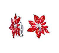 Fête De Noël Boucles D'Oreilles À Pince En Émail Rouge En Forme De Fleur Avec Poinsettia Pour Femmes Aux Oreilles Non Percées - Bordure Plaquée Argent