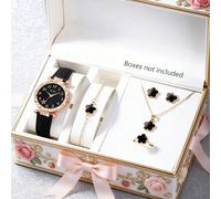 Fête des Mères, Montre Femme, 1 Set, Belle et Élégante Montre à Quartz Assortie à un Élégant Ensemble de Bijoux Comprenant un Collier à Fleur à Cinq Pétales, des Boucles d'Oreilles, une Bague et un Br