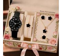 Fête des Mères, Montre Femme, 1 Set, Belle et Élégante Montre à Quartz Assortie à un Élégant Ensemble de Bijoux Comprenant un Collier à Fleur à Cinq Pétales, des Boucles d'Oreilles, une Bague et un Br