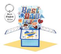Fête des pères Carte De Vœux Pop-Up 3D,Cadeau Papa Porte-clés,Carte De Voeux Pop-up Jour Blue Papier,Pères Saute De Fête Des,Je t'aime Papa Porte-Clés avec Enveloppe (B)
