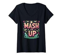 Fête d'halloween Amusante et effrayante avec Monster Mash It Up T-Shirt avec Col en V, Femme, Noir, XL