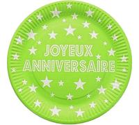 Fetez Lot de 20 Assiettes Rondes Carton Vert Clair, Joyeux Anniversaire et étoiles Blanches, Diam. 22,5cm