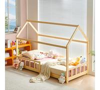 FetiNes Lit Cabane Enfants 90x200 cm avec Protection Contre Les Chutes & sommier Montessori, lit à barreaux pour Enfants et Adolescents, Bois Massif Pin, Couleur du Bois
