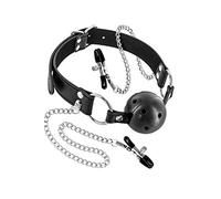 Fetish Tentation Bâillon Boule Rigide/Percée Noir Réglable avec Chaîne Pinces à Seins à Pression