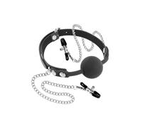 Fetish Tentation – Bâillon boule silicone – Noir réglable avec chaîne et pinces à seins à pression