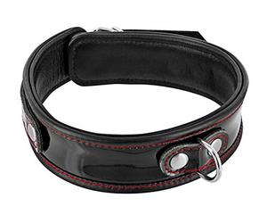 Fetish Tentation Premium Collier Cuir Noir Laqué Coutures Rouges avec Anneau