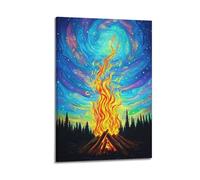 Feu de camp dans la forêt - Art mural - Impression artistique - Poster fantaisie - Impression sur toile mystique - Décoration créative pour salon, chambre à coucher, étude, poster décoratif sur toile