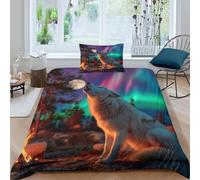 Feu de joie, Loup blanc criant Housse Couette Microfibre - Parure Lit 3D Imprimé, Aurores boréales And FullLune Chambre À Coucher Décoration Comfort Housse Couette Taies D'oreiller Single（135x200cm)