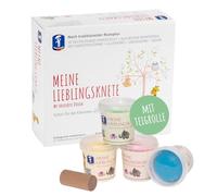 Feuchtmann 628.1516 Ma pâte à modeler préférée 4 couleurs pour enfant en boîtes de 150 g avec un rouleau bois hêtre, partir 2 ans, séchage l'air libre peindre et mélanger