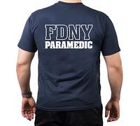 Feuer1 Tee-shirt imprimé pompiers de New York inscription PARAMEDIC emblème croix de Malte sur la poitrine et bâton d'Asclépios au milieu Bleu Bleu XXL