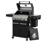 FEUERGOTT Hektor 3B-S 60010 Station de barbecue à gaz avec couvercle 3 brûleurs + réchaud latéral et brûleur infrarouge 13,5 kW Chariot de barbecue avec meuble bas et roues Noir/argenté