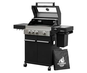 FEUERGOTT Hektor 3B-S 60010 Station de barbecue à gaz avec couvercle 3 brûleurs + réchaud latéral et brûleur infrarouge 13,5 kW Chariot de barbecue avec meuble bas et roues Noir/argenté