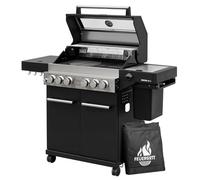 FEUERGOTT Hektor 4B-S 60020 Station de barbecue à gaz 4 brûleurs + réchaud latéral et brûleur infrarouge 22,2 kW Chariot avec meuble bas et roulettes Noir/argenté