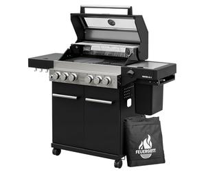 FEUERGOTT Hektor 4B-S 60020 Station de barbecue à gaz 4 brûleurs + réchaud latéral et brûleur infrarouge 22,2 kW Chariot avec meuble bas et roulettes Noir/argenté