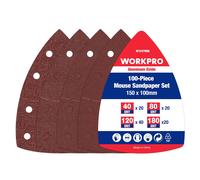 Feuille Abrasive Triangulaire pour Ponceuse WORKPRO, 100 Pièces Grains 40-80-120-180, Papier Abrasif 90x90mm avec 11 Trous pour Poncer, Polissage, Dérouillage, Triangles de Ponçage