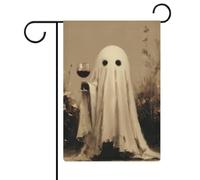 Feuille blanche fantôme avec verre de vin rouge drapeau de jardin saisonnier vacances toile de jute double face maison cour drapeaux extérieurs 30,5 x 45,7 cm