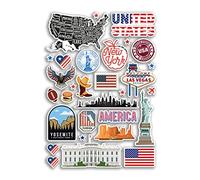 Feuille d'autocollants A4 en vinyle avec monuments des États-Unis, Amérique, New York, Vegas, carte de la ville, aéroport, timbre, horizon, drapeau, voyage, vacances, culture, esthétique #79984