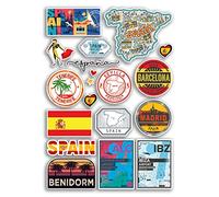 Feuille d'autocollants A4 en vinyle Espagne - Espagne Barcelone Benidorm Ibiza Madrid Monuments de la ville et de la plage, carte des vacances, valises, bagages, scrapbooking, culture, voyage #78879