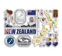 Feuille d'autocollants A5 en vinyle avec monuments de la Nouvelle-Zélande - Carte de kiwi, timbre, horizon, drapeau, voyage, vacances, campagne, ville, esthétique #80368