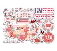 Feuille d'autocollants A5 en vinyle avec monuments des États-Unis Rose - Carte de l'Amérique, aéroport, horizon, drapeau, voyage, vacances, campagne, ville, esthétique #80433