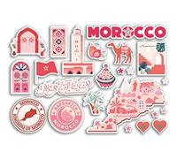 Feuille d'autocollants A5 en vinyle avec monuments du Maroc Rose - Carte marocaine aéroport, horizon, drapeau, voyage, vacances, campagne, ville, esthétique #80398