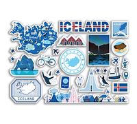 Feuille d'autocollants A5 en vinyle bleu avec monuments de l'Islande - Carte islandaise timbre aéroport horizon drapeau voyage vacances pays esthétique #80301