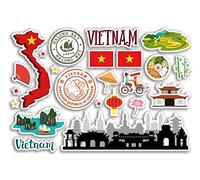Feuille d'autocollants A5 en vinyle - Motif carte vietnamienne - Timbres d'aéroport - Drapeau d'horizon - Voyage Vacances Culture Ville Esthétique #79858